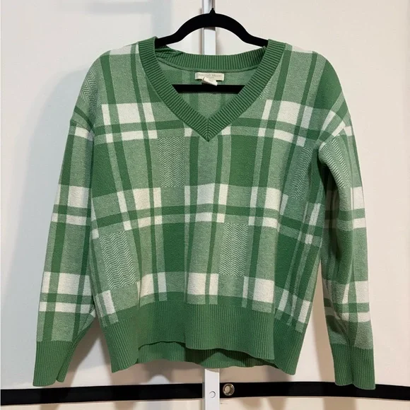 Christian Siriano Green and White Plaid V-Neck Sweater - Picture 1 of 3